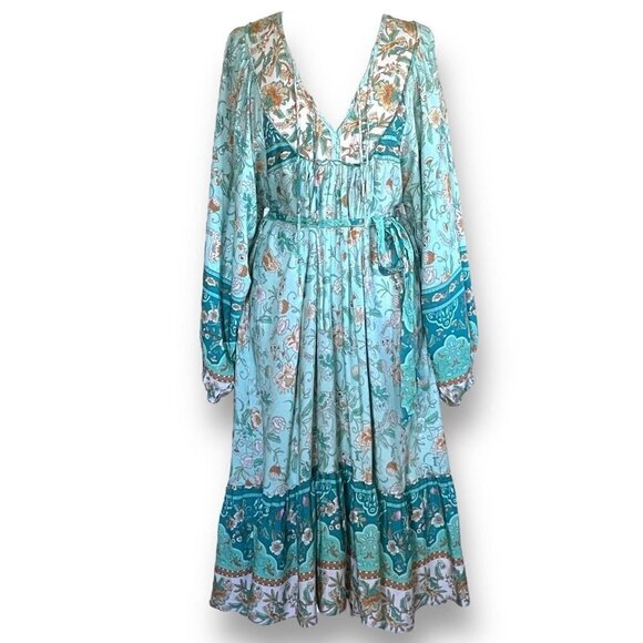 WHO I AM Womens Dress Sz 8 Blue Floral Boho Midi Belted Festival Coastal Cowgirl - Picture 1 of 10